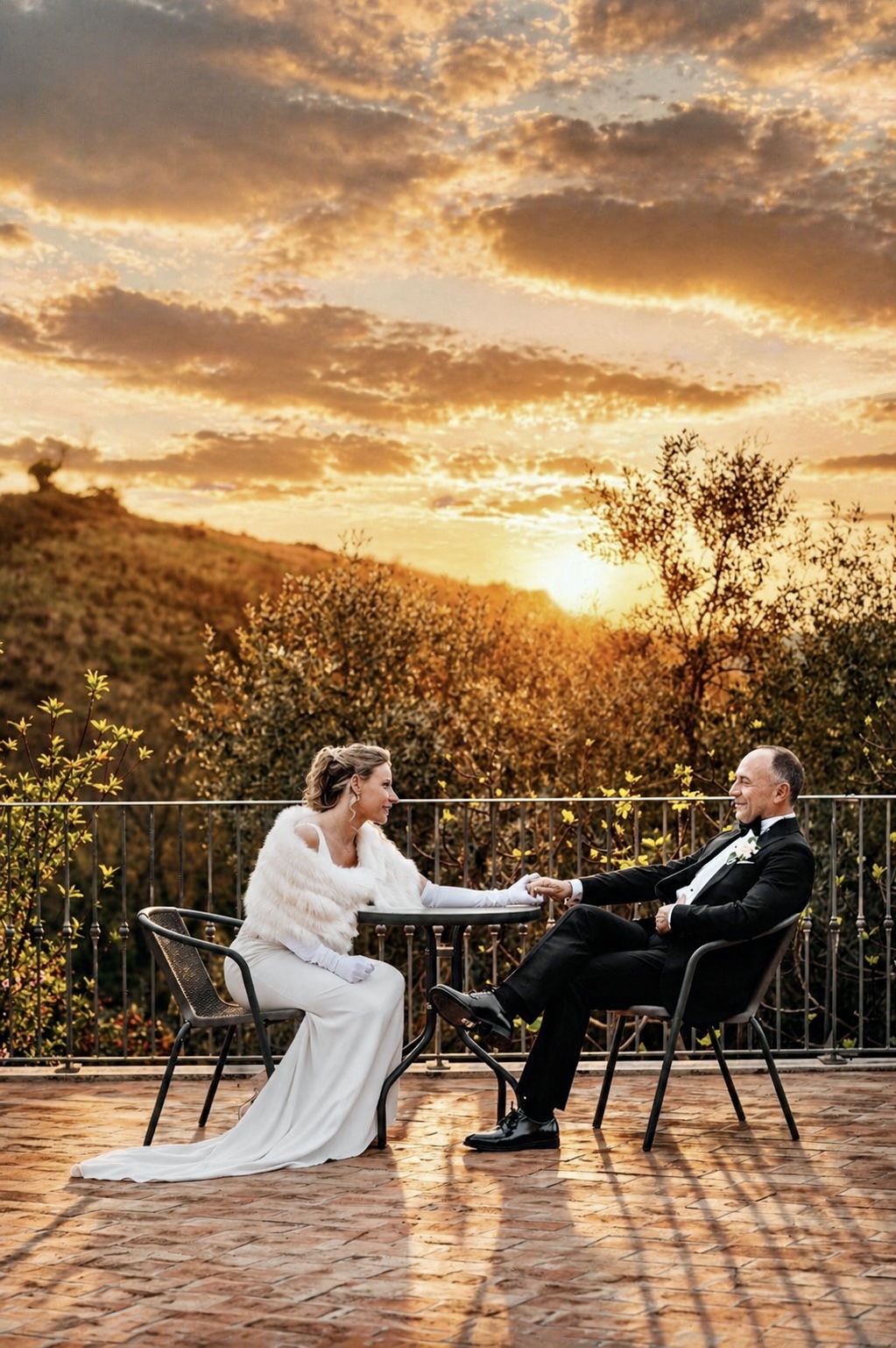 Fotografo matrimonio Toscana, coppia di sposi al tramonto